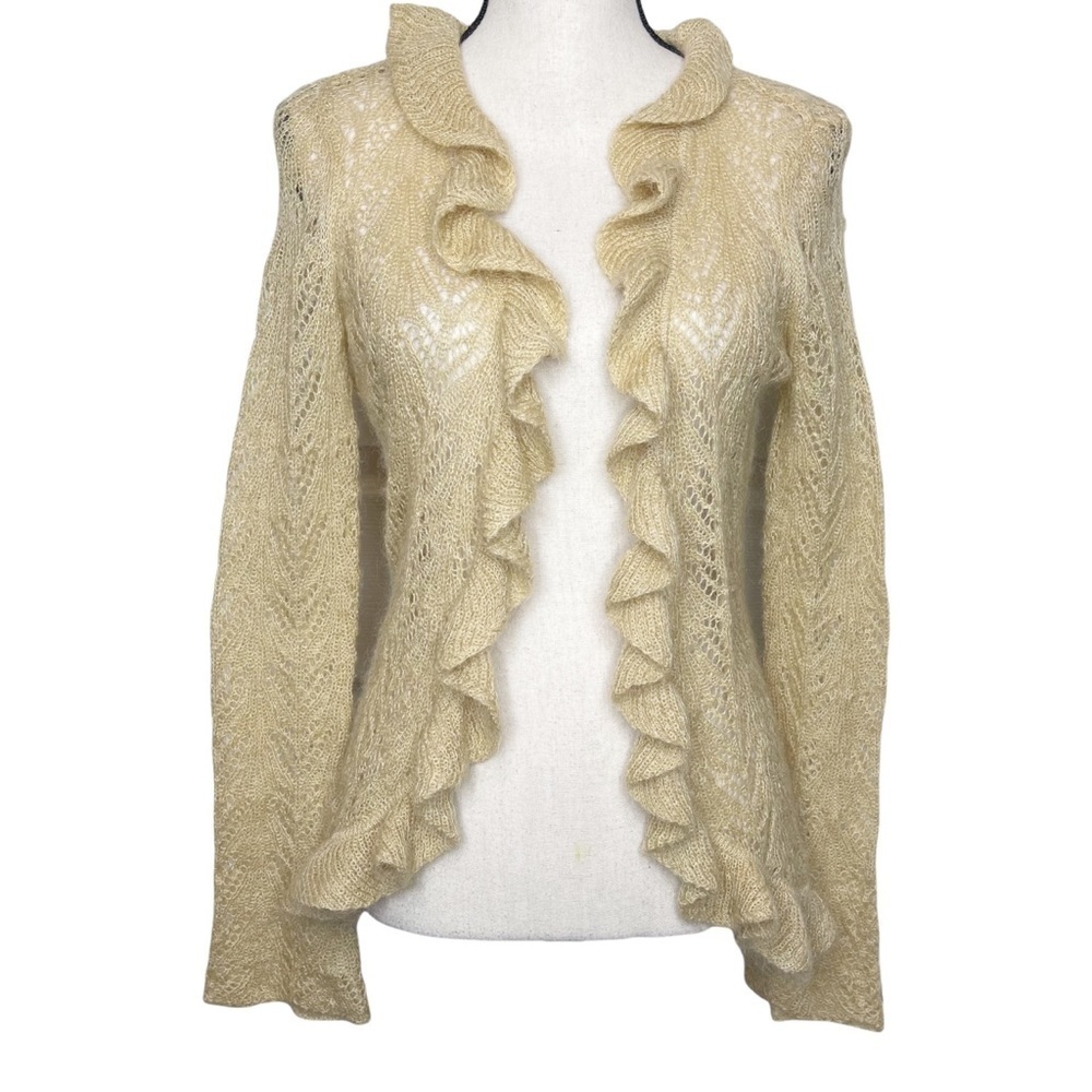 INC International Beige Mohair Cottagecore Grandma Crochet Ruffle Open Cardigan